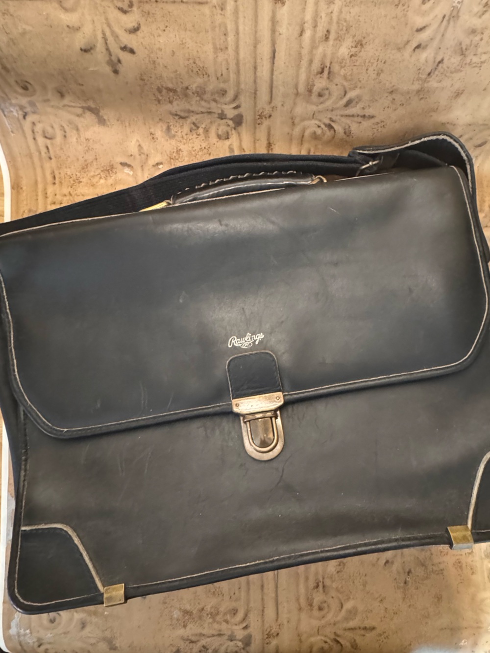 Vintage Rawlings Black Leather Briefcase with Brass Accents